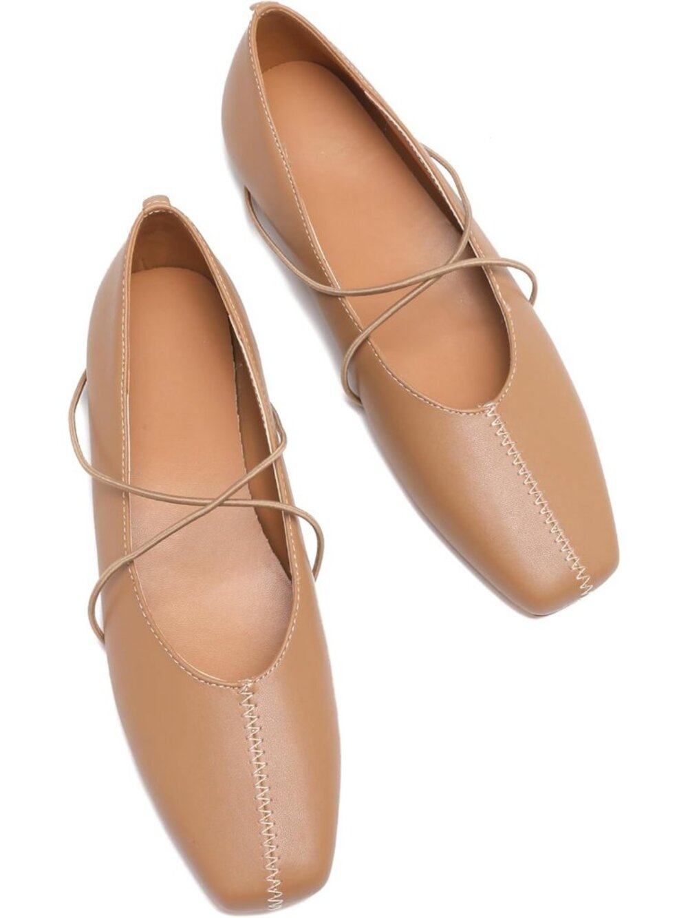 Women's Square Toe Ballet Flats Tan Criss-Cross Straps Slip On Mary Jane Flat - Picture 6 of 6